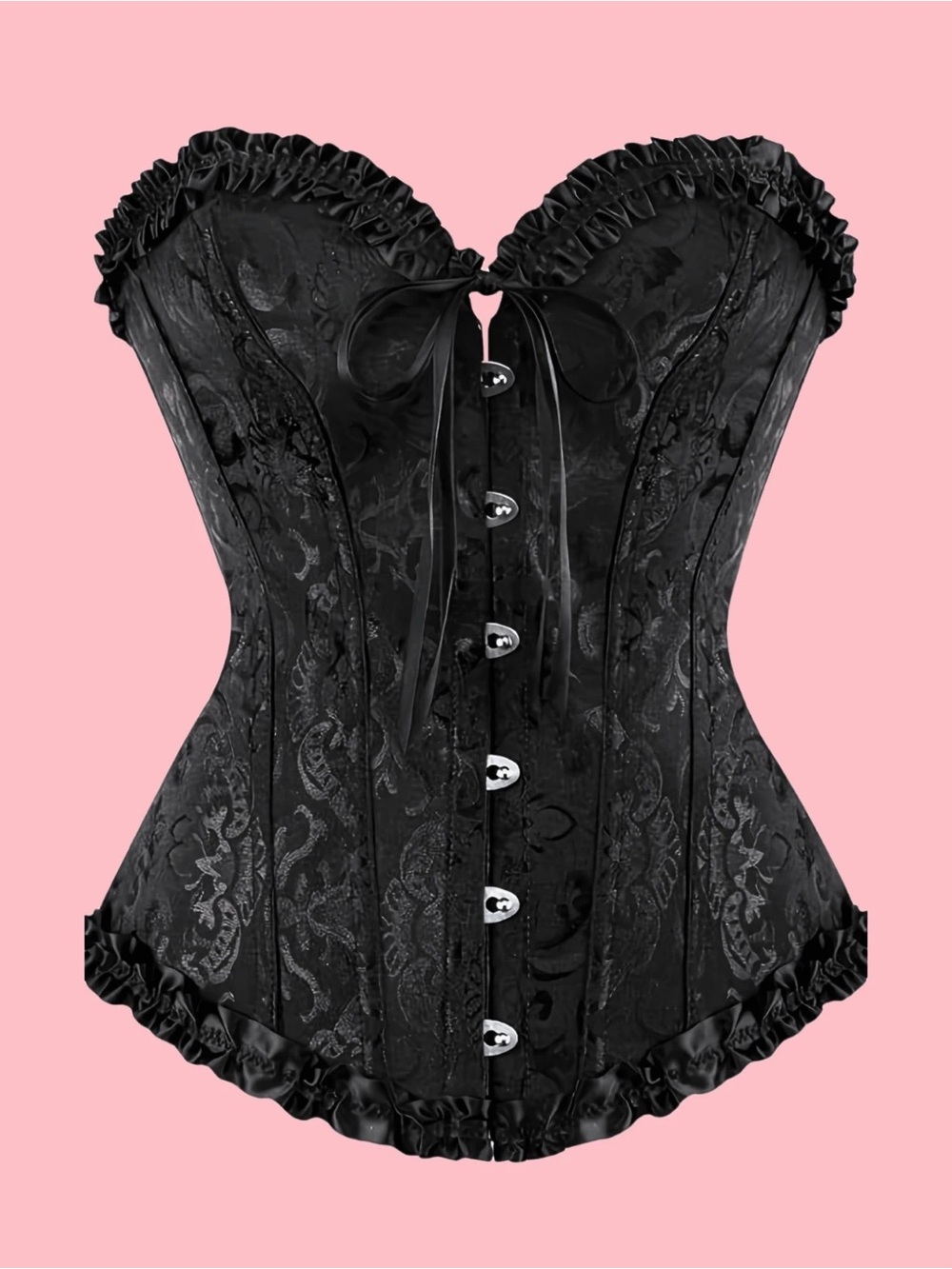 Black Ruffle Trim Satin Brocade Corset